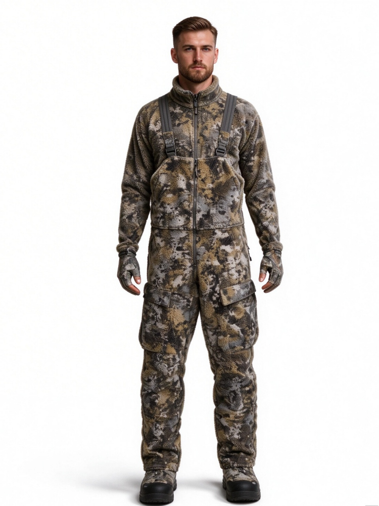 Fleece hunting cargo pants made of polyester synthetic fabric, warm and durable with camouflage pattern.