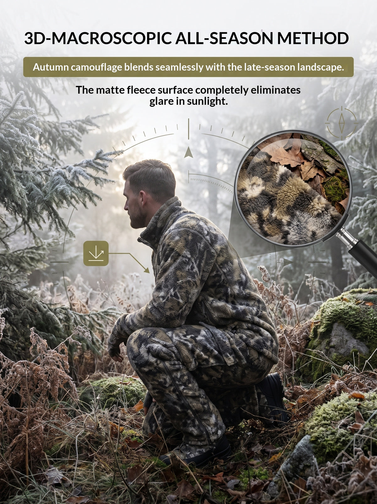 Fleece hunting cargo pants made of polyester synthetic fabric, warm and durable with camouflage pattern.