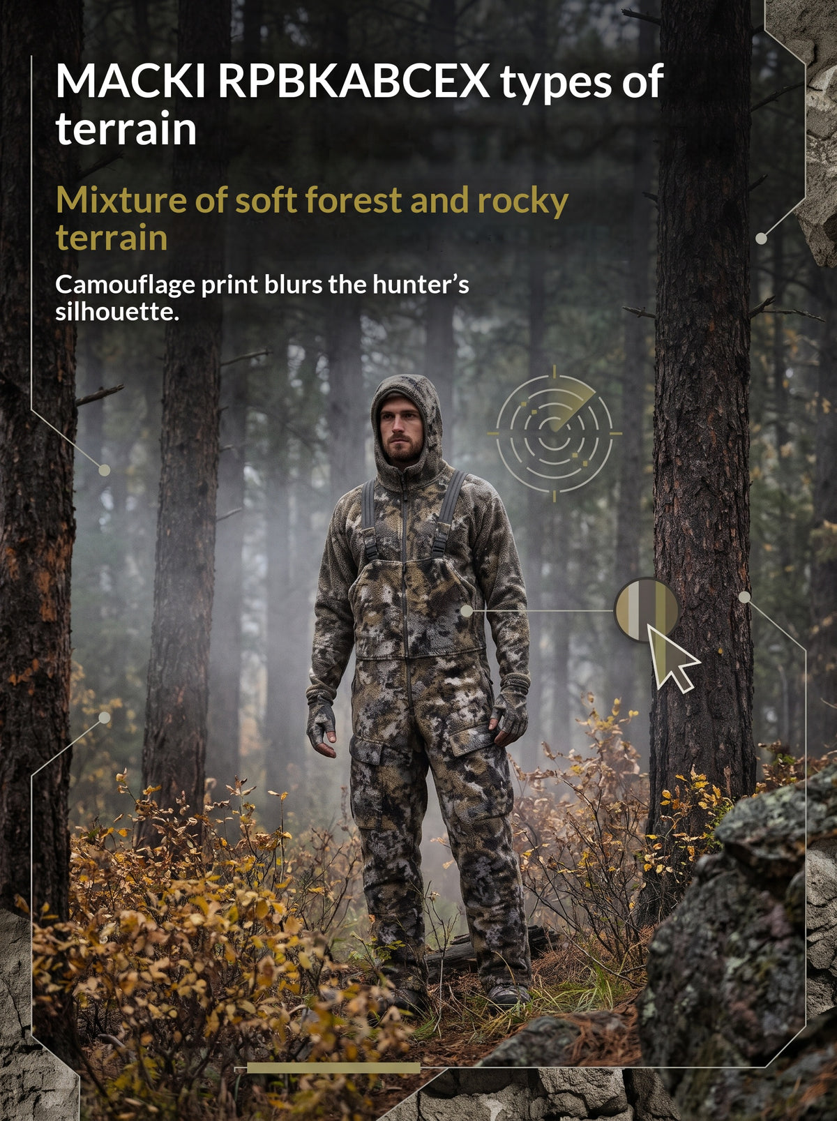 Fleece hunting cargo pants made of polyester synthetic fabric, warm and durable with camouflage pattern.