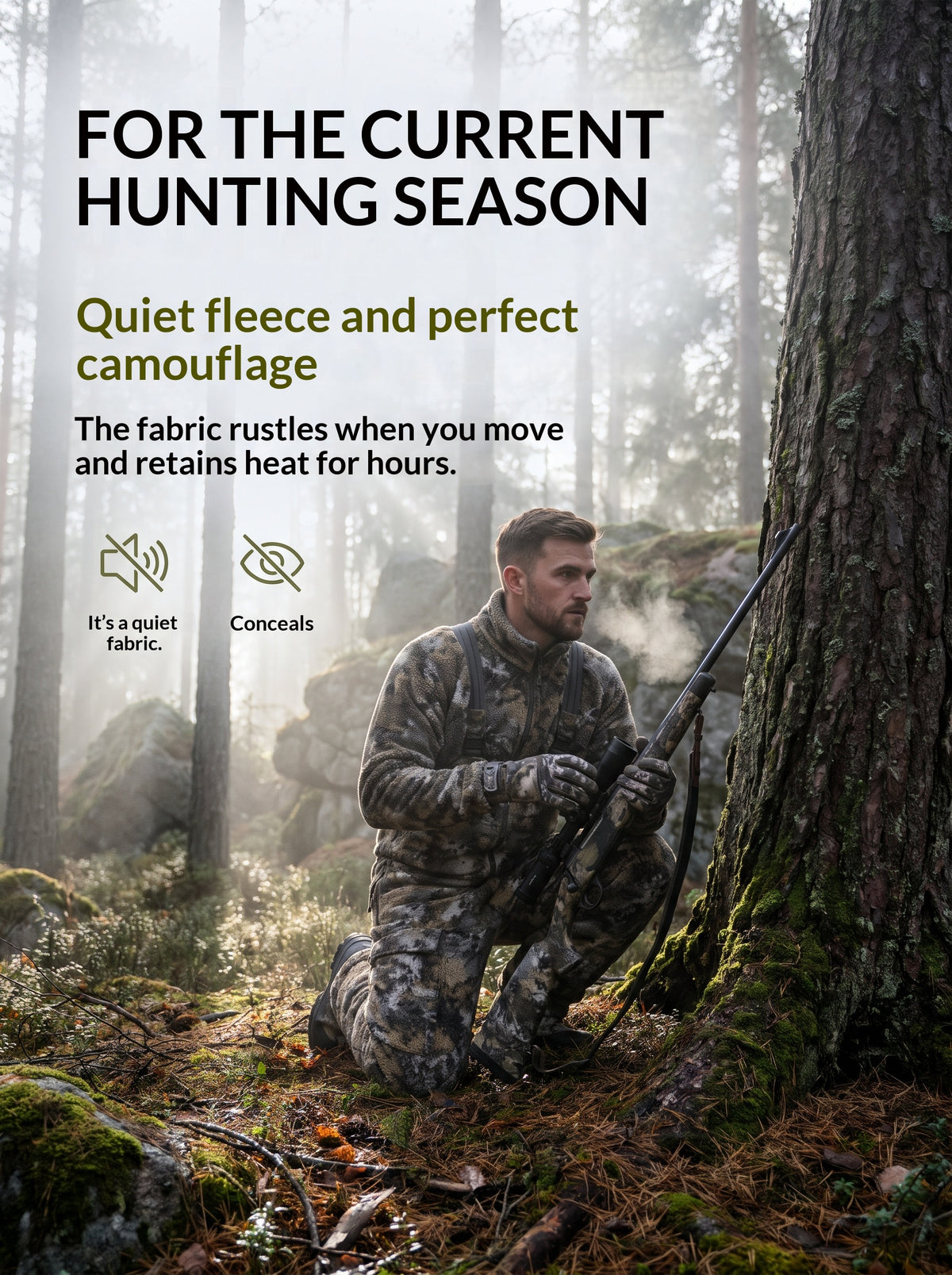 Fleece hunting cargo pants made of polyester synthetic fabric, warm and durable with camouflage pattern.