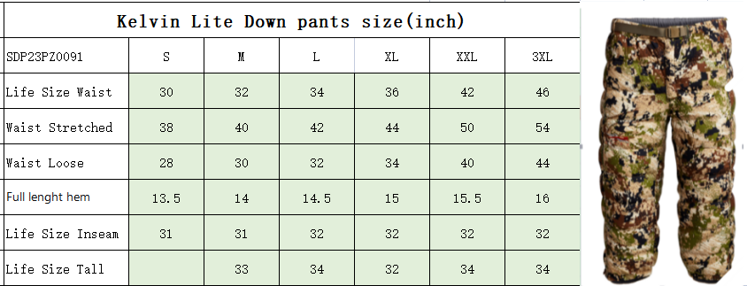 High Quality Kelvin Lite Hunting Gear Winter Alpine Camouflage Down Pant Men's Camo Outdoor Hunting Long Pants