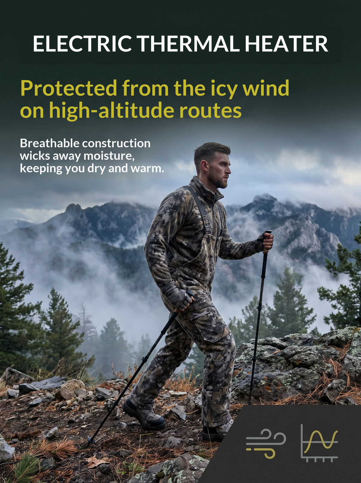 Fleece hunting cargo pants made of polyester synthetic fabric, warm and durable with camouflage pattern.