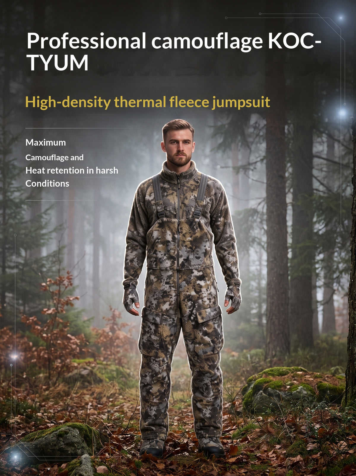 Fleece hunting cargo pants made of polyester synthetic fabric, warm and durable with camouflage pattern.