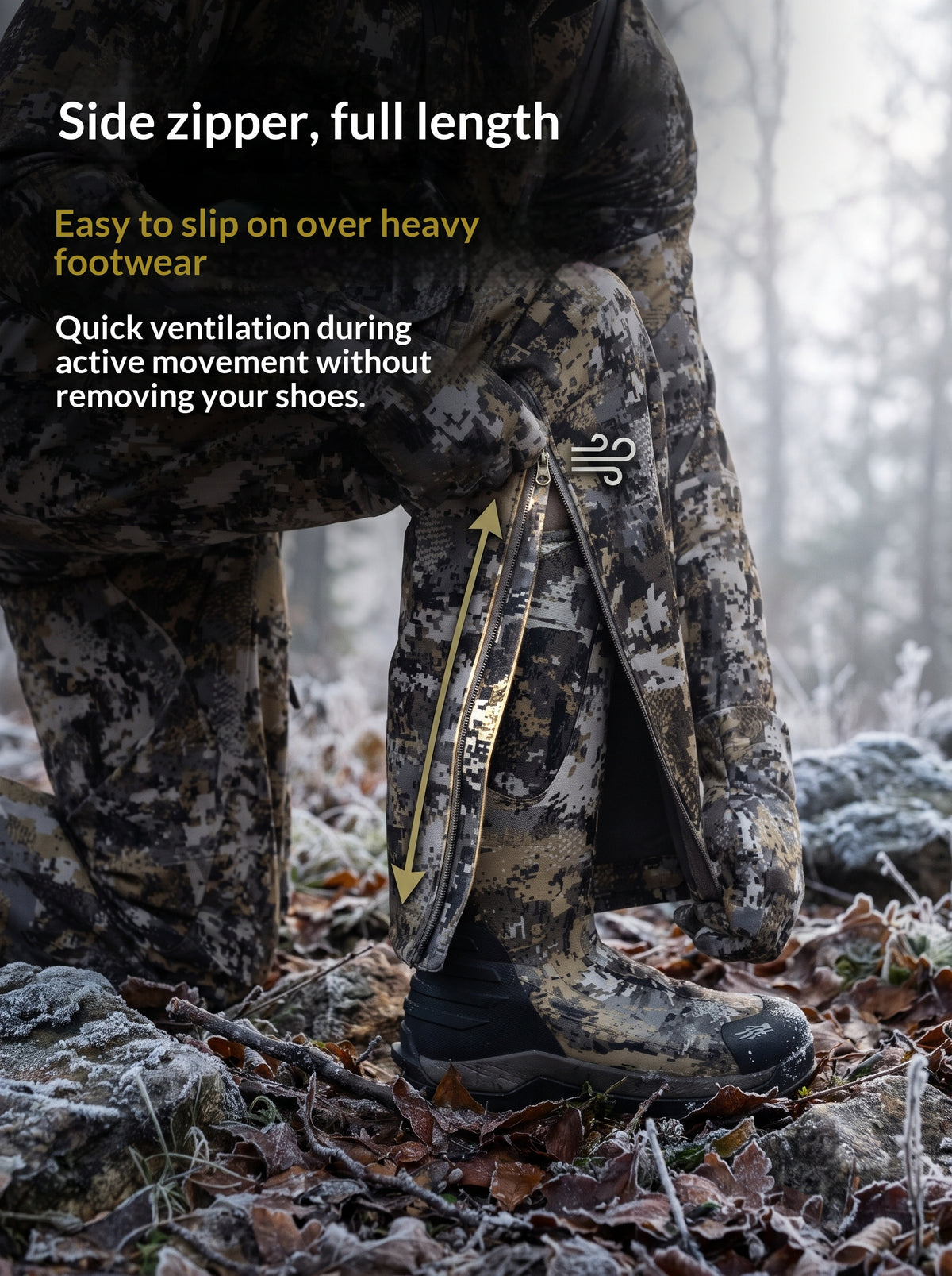 Fleece hunting cargo pants made of polyester synthetic fabric, warm and durable with camouflage pattern.